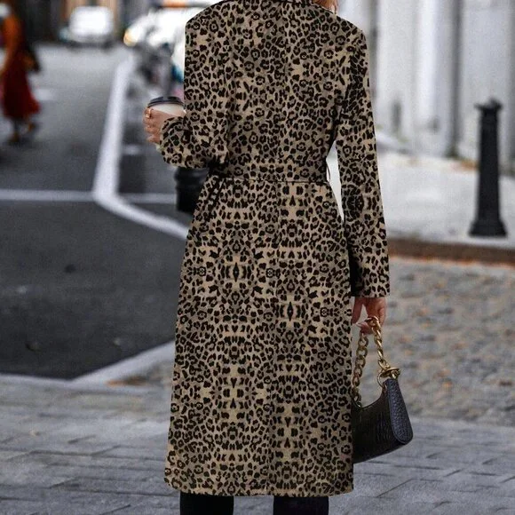 Multicolor Casual Women's Cinched Waist Leopard Print Trench Coat - Picture 3 of 6